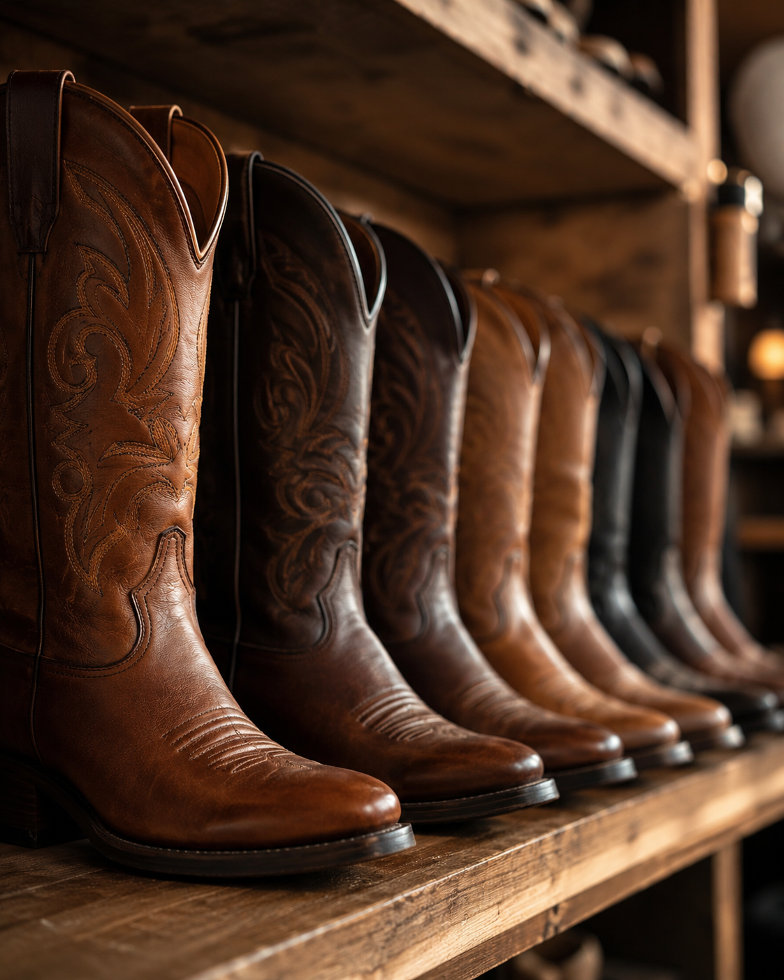 Row of cowboy boots on workshop shelf
